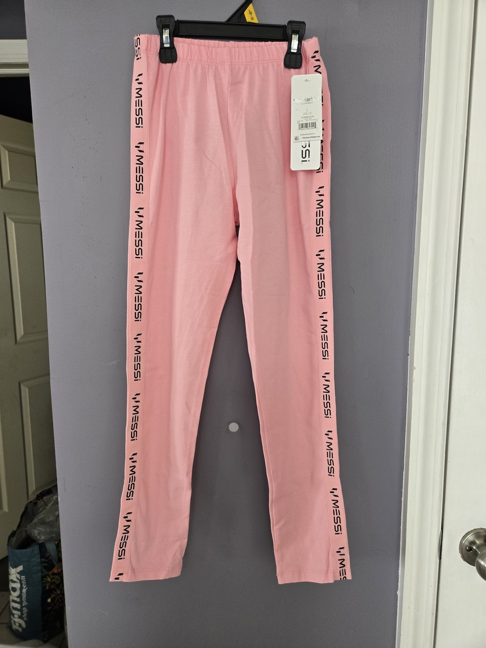 Girls' Pink Side-Stripe Leggings with Messi Branding Size Large 10-12